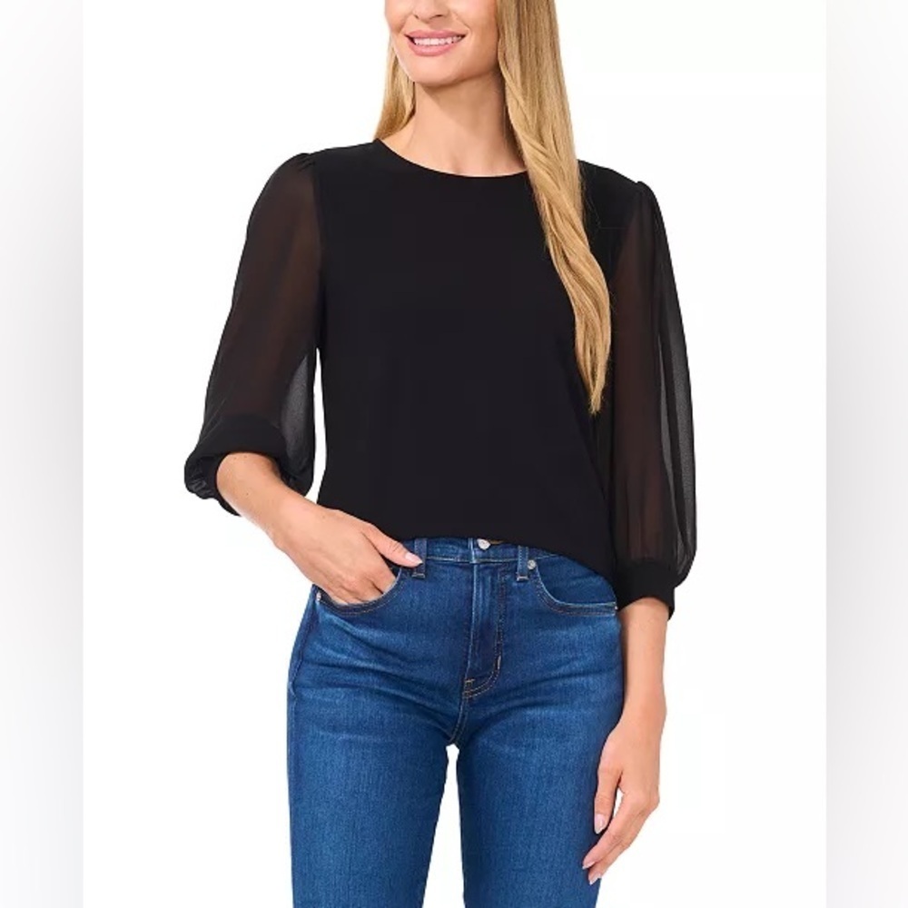 CECE 3/4 Sheer Sleeves Top in Black Size Large NWT